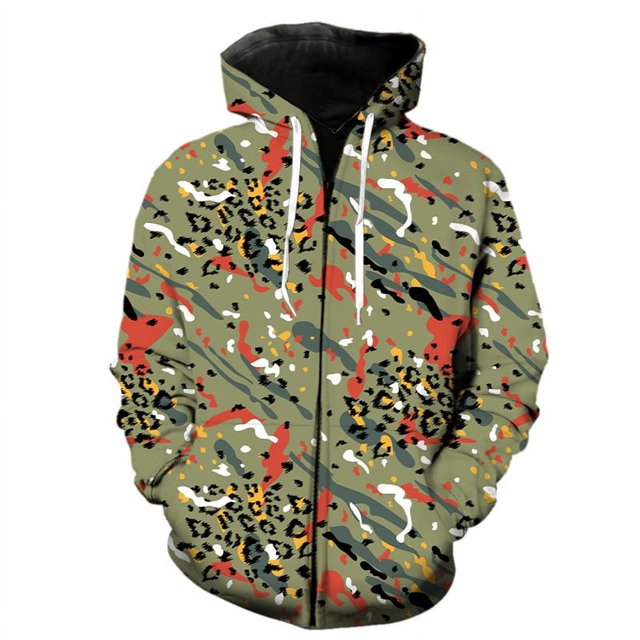 Sudadera con capucha de manga larga para hombre, estilo Harajuku, con estampado de leopardo en 3D y cremallera, estilo urbano