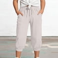 thumbnail image 2 of Girls Linen Capri Pants - Summer Loose Joggers Elastic High Waist Beach Capris Casual Cropped Trousers with Pockets for Kids Youth，Age 4-15 (Beige/110), 2 of 4