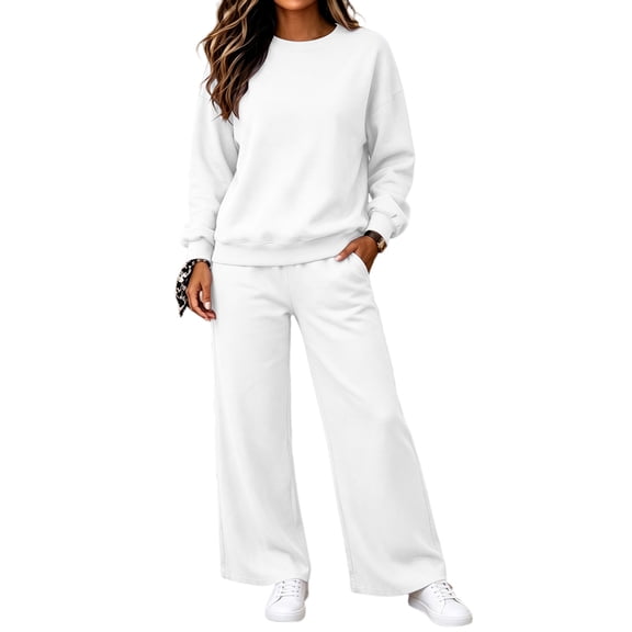 Women's 2 Piece Sweatsuit Set Crewneck Pullover and Wide Leg Pants Relaxed Casual Fall Fleece Lounge Outfit Set