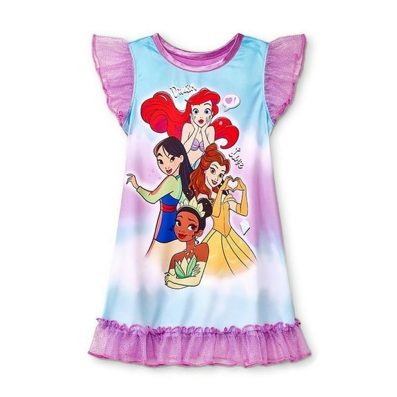 Disney Princess Big Girl's Ariel, Mulan, Belle and Tiana Silky Purple Nightgown (Size 4)