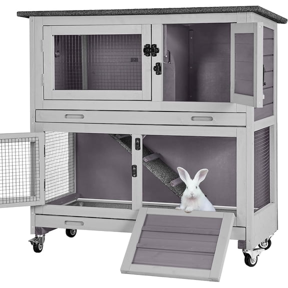 Aivituvin Rabbit Hutch Indoor, 36'' Bunny Hutch Outdoor, Mobile Rabbit Cage with Wheels, 2-Story Bunny Cage with 2 Pull Out Trays, Wooden Guinea Pig Cage (Grey)