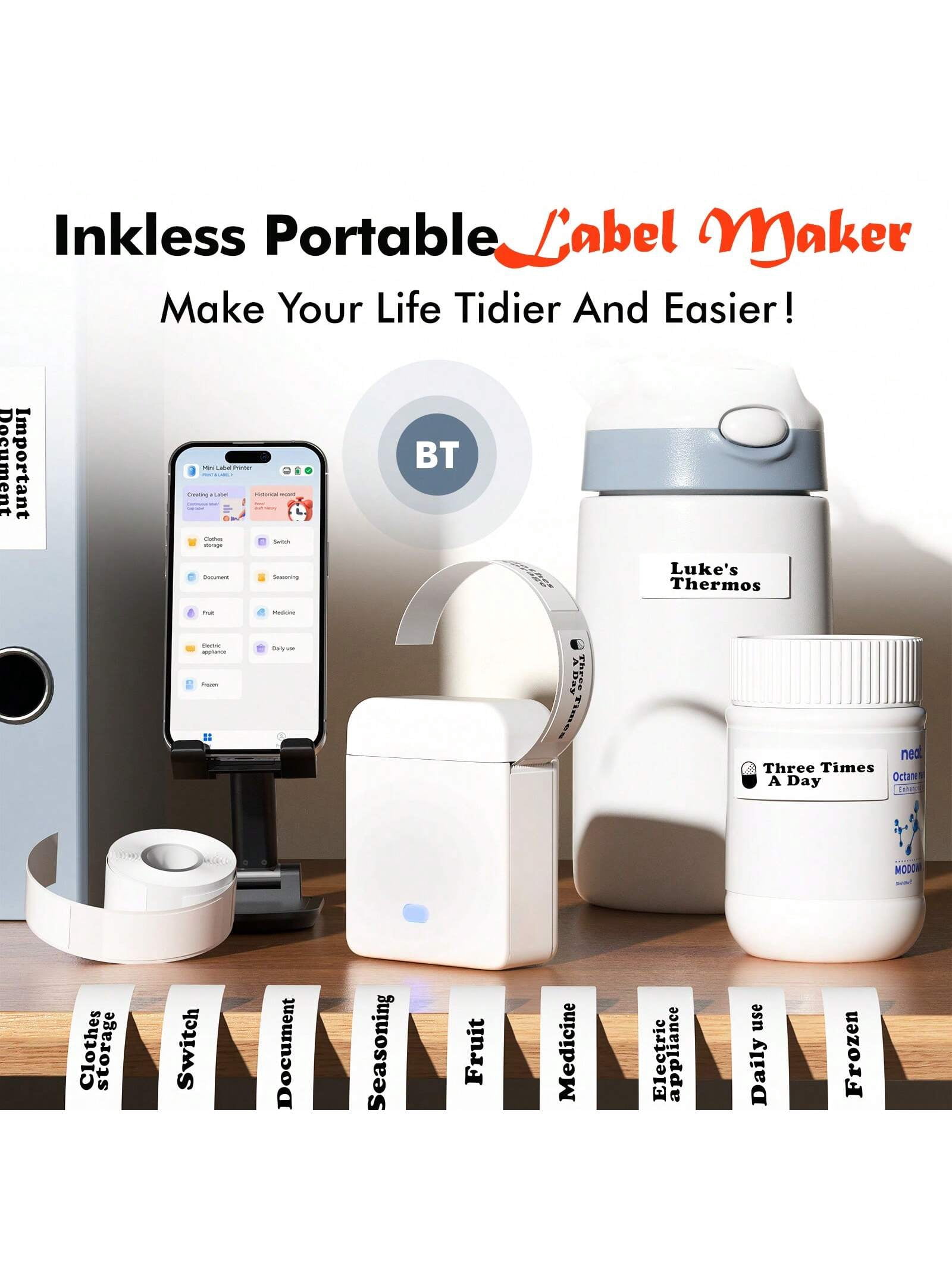 Portable Label Maker Machine with Tape - Wireless Mini Thermal Printer, Inkless Bluetooth Sticker Printer for Home, Office, DIY Projects