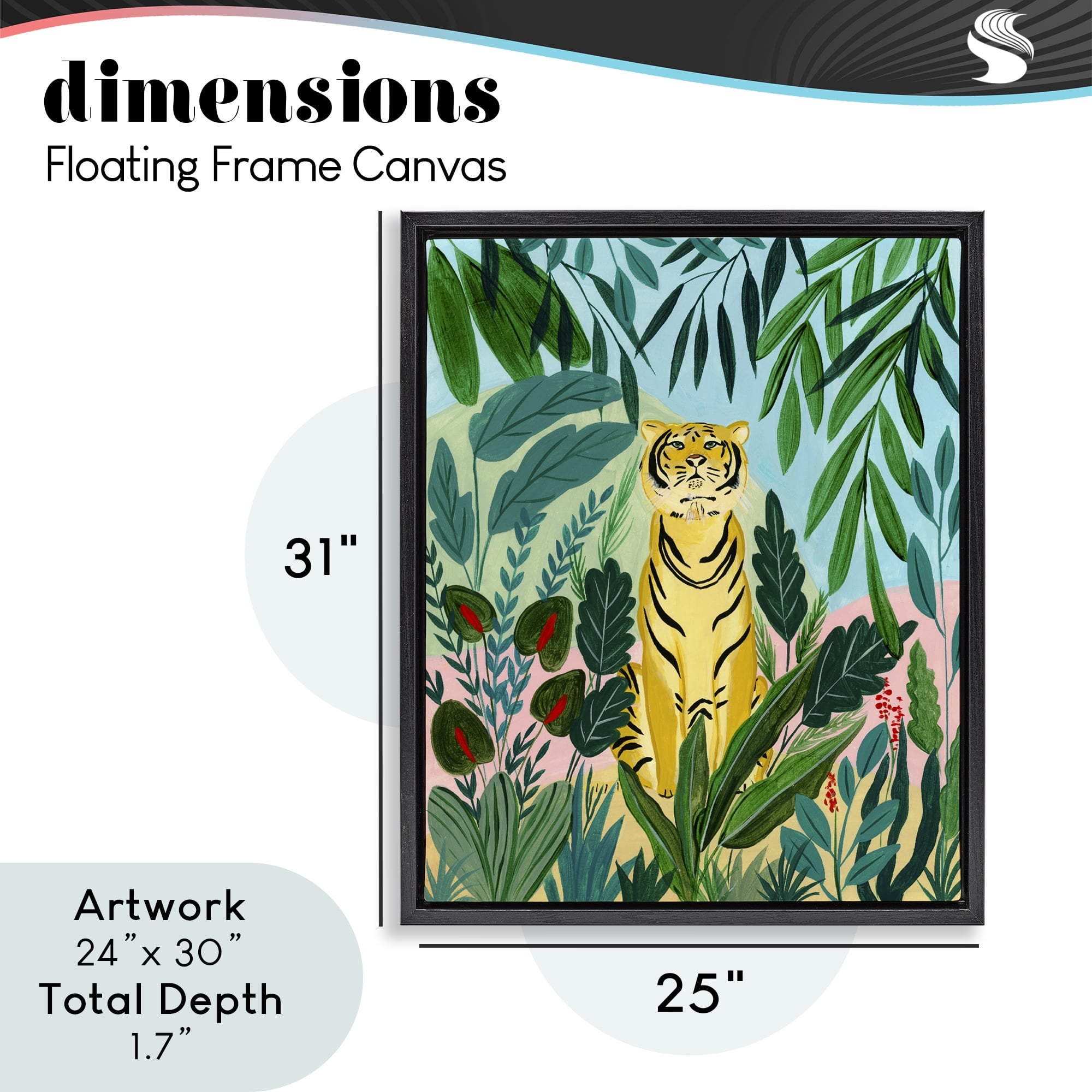 Stoic Tiger Tropical Forest Black Framed Floater Canvas Wall Art, design by Nabeela Rumi