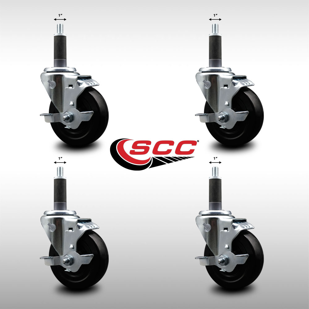 Stainless Steel Hard Rubber Swivel Expanding Stem Caster Set of 4 w/4" x 1.25" Black Wheels and 1" Stems - Includes 4 with Top Lock Brakes - 1200 lbs Total Capacity - Service Caster Brand - image 2 of 4