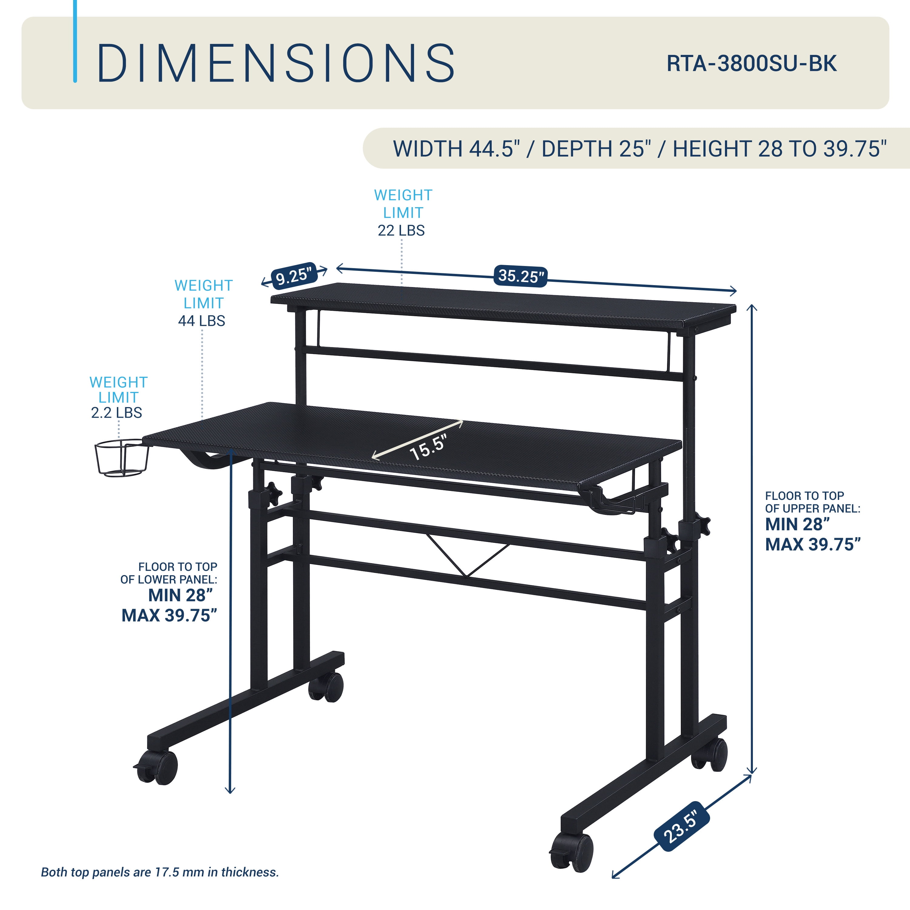 Rolling Writing Desk with Height Adjustable Desktop and Moveable Shelf, Black