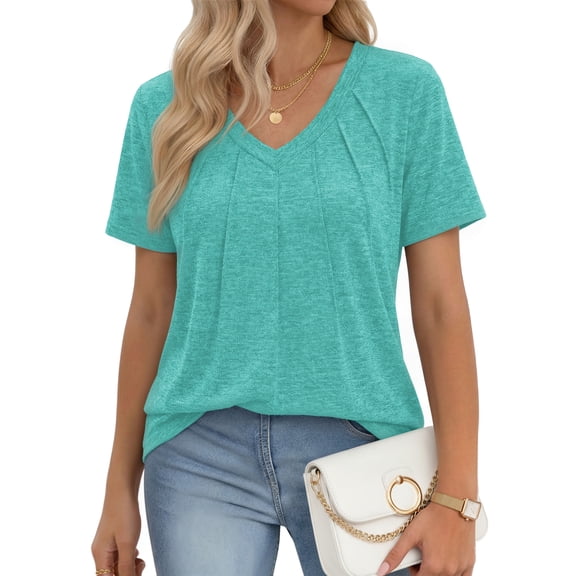 MOYIKO Women Summer T-Shirt V Neck Short Sleeve Pleats Basic Tee Shirt Lake Green Loose Fit Dressy Top L