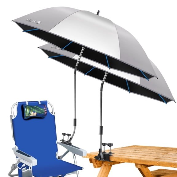 2Pack 48.8inch Beach Chair Umbrella with Clamp Adjustable 360°, UV Protection Large Camping Chair Umbrellas for Camping chair, Glof Cart,Table(Chair,Table Not Include)