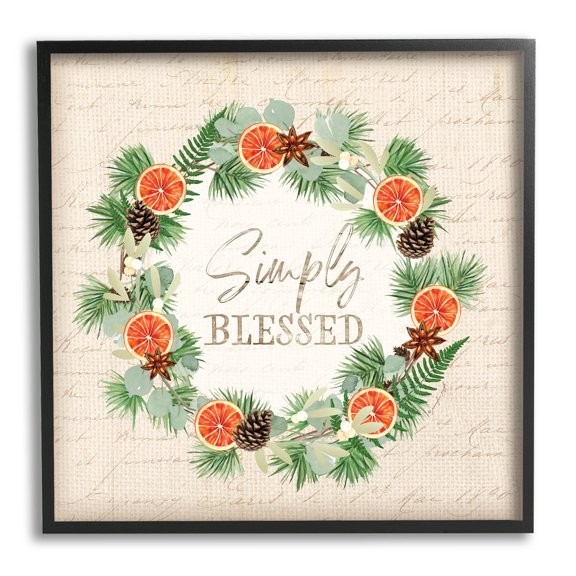 Stupell Industries Simply Blessed Botanical Wreath Graphic Art Black Framed Art Print Wall Art, Design by Jennifer Pugh