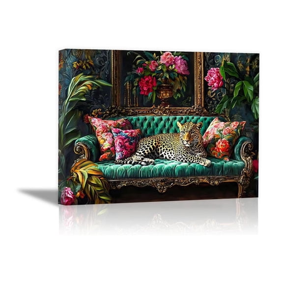 Mudket Leopard on Emerald Green Baroque Sofa Canvas Wall Art, Maximalist Floral Vintage Trendy Wall Art Print for Luxury Living Room Eclectic Home Decor, Framed Ready to Hang - 12"L x 8"W