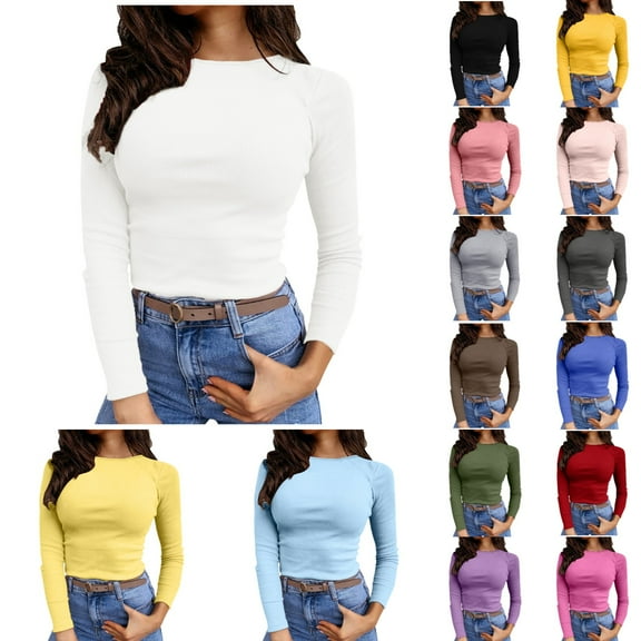 Spring Tops for Women Long Sleeve Stretch Crewneck Ribbed Fitted Casual Basic Versatile Beige Tshirts for Women L