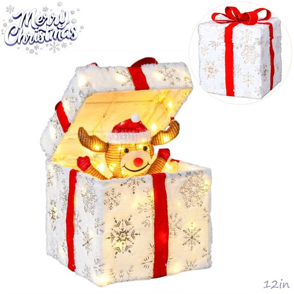 Tcbosik Motorized Lighted White Christmas Gift Box w/ Reindeer, Pop-Up Design with Warm White LED Lights, Weather-Resistant, Indoor/Outdoor Holiday Decor
