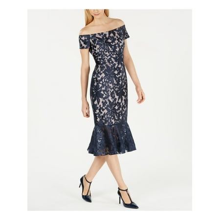 Calvin Klein Womens Lace Midi Off-Shoulder Dress, Blue, 2