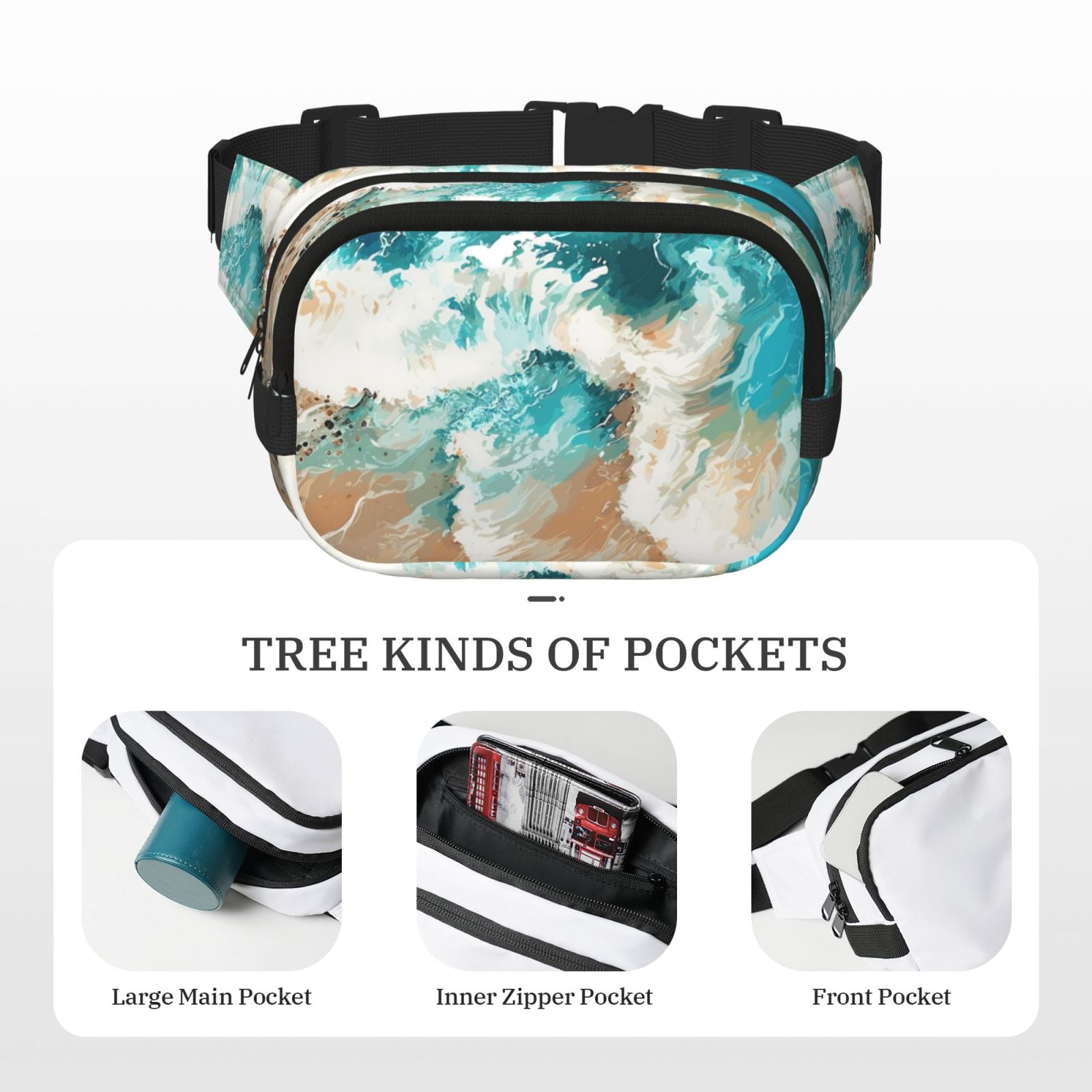 Picia Ocean Wave Crash Print Square Double-Layer Waist Bag Mini Adjustable Waist Belt Bag Exercise Running Travel Hiking