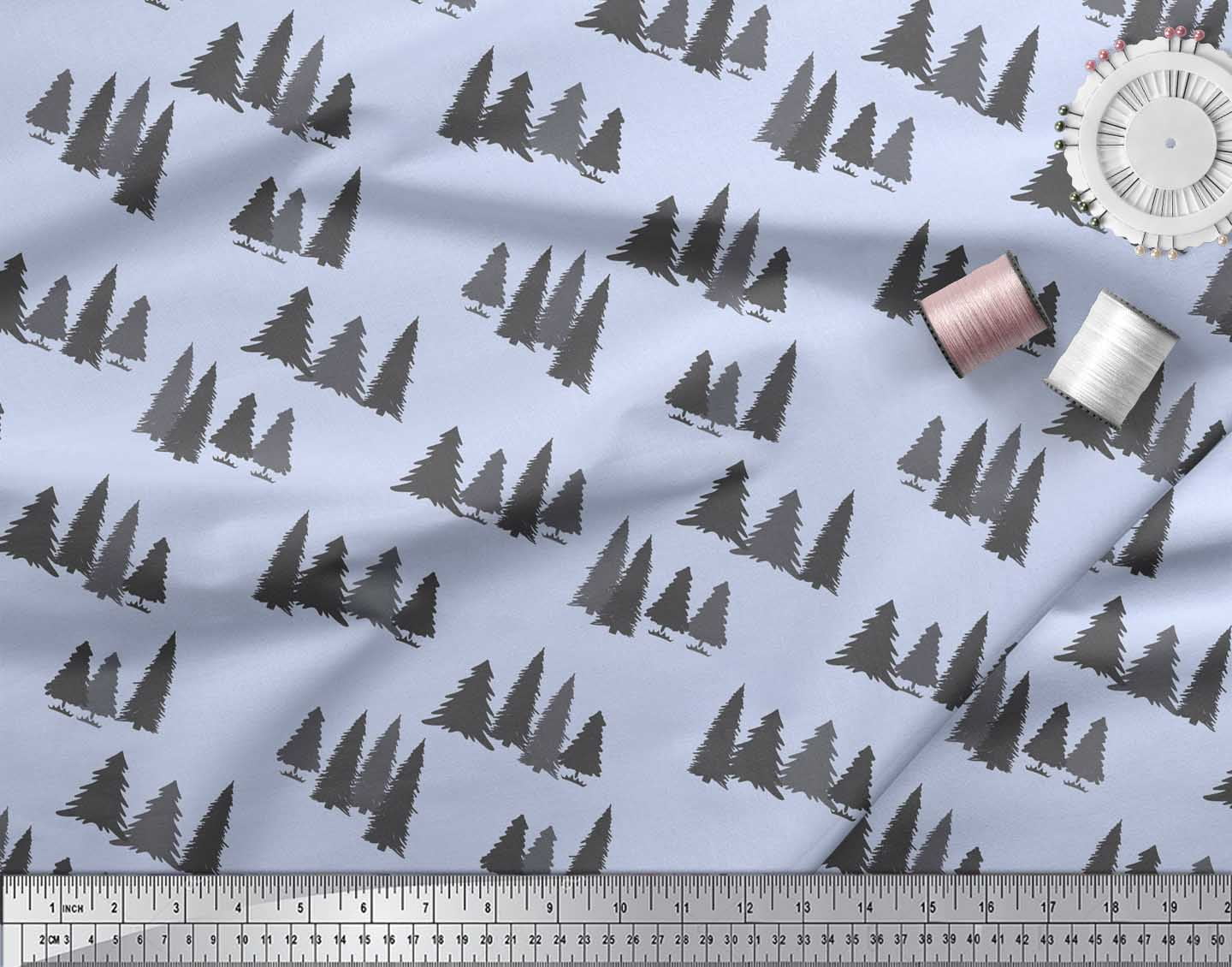 Soimoi Blue Poly Georgette Fabric Stencil Christmas Tree Printed Craft Fabric by the Yard 52 Inch Wide