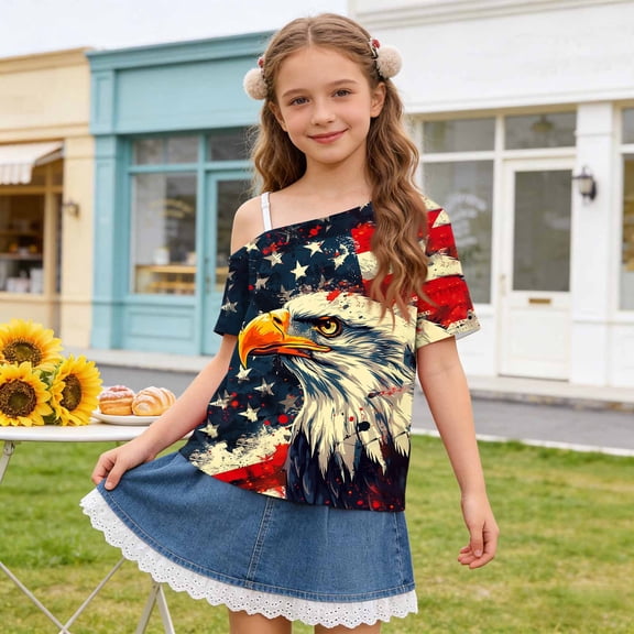 ITSAME 4th of July Girls One Shoulder T-Shirts Independence Day Patriotic Tops American Flag Graphic Tee Multicolor Size 5