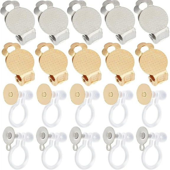 1 Box 40Pcs 4 Styles Earring Converter Clip on Earring Backs Plastic Stainless Steel Round Flat Tray Non Pierced Ears Clip Earring Findings