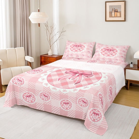 Feelyou Kawaii Bowknot Teens Twin Sheet Sets, Fashion Princess Ribbon Twin Fitted Sheet, Fashion Pink Buffalo Flat Sheet, Super Cozy Room Decor, 3pcs