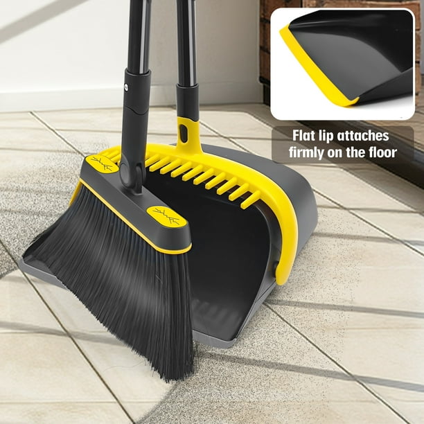 JEHONN Dustpan and Broom Set with 54 inches Long Handle (Black
