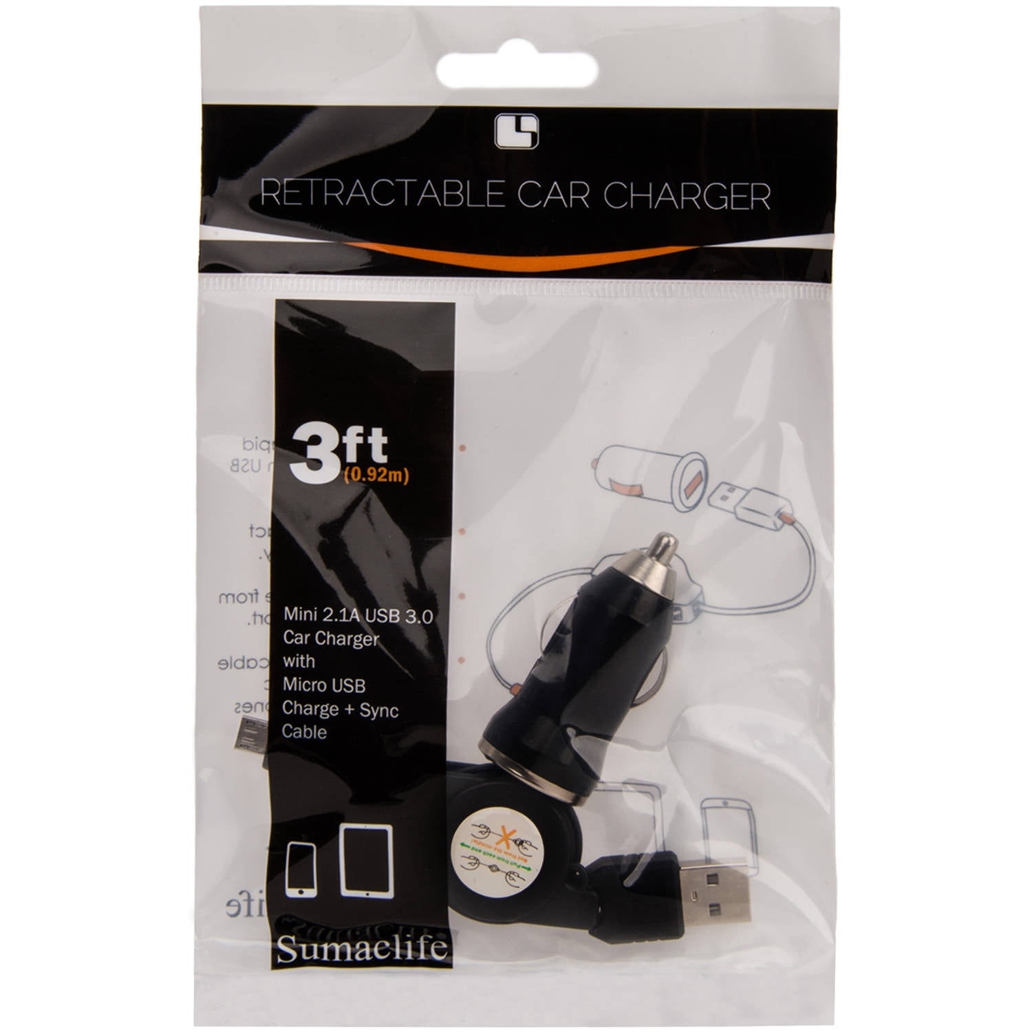 3.2 Feet Retractable 2.1A mini USB Car Syncer with Micro USB (Black)