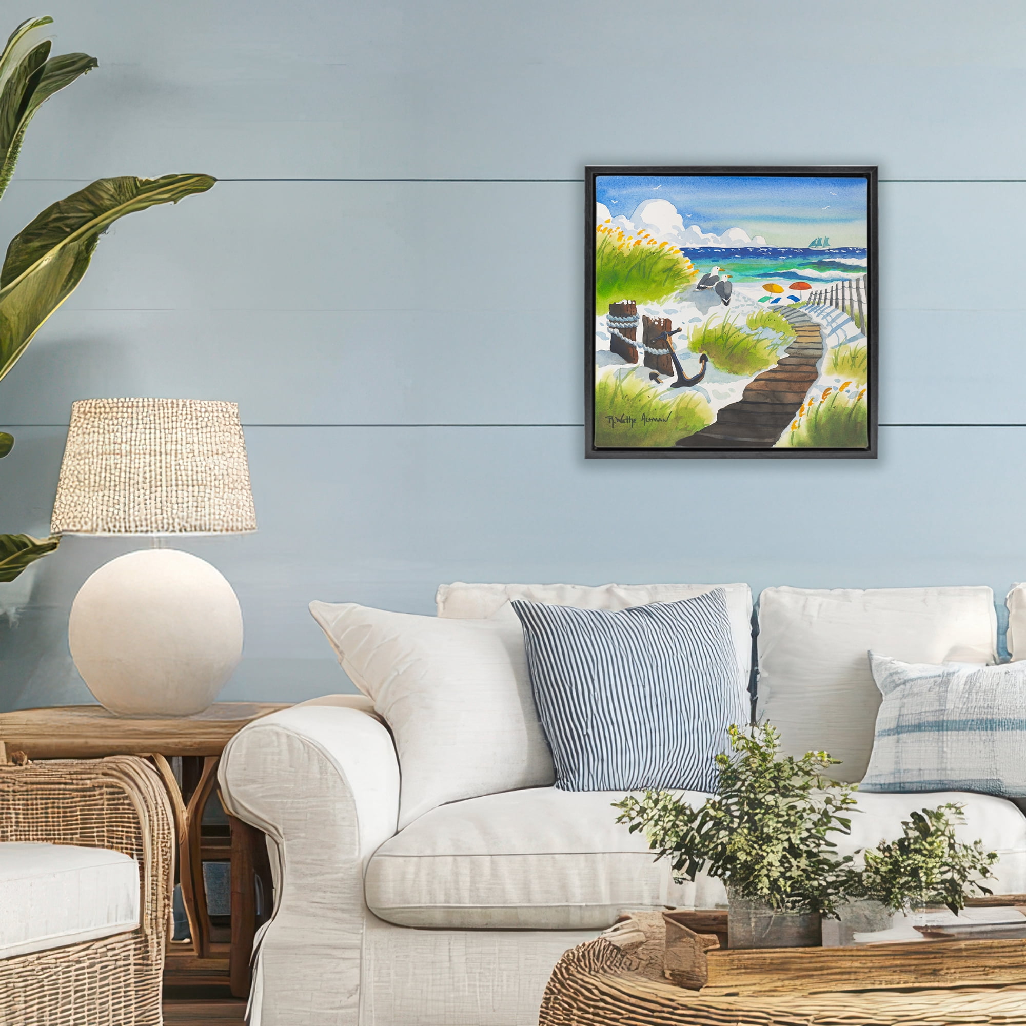 Stupell Industries Seagull & Anchor on Shore Black Framed Floater Canvas Wall Art, design by Robin Altman