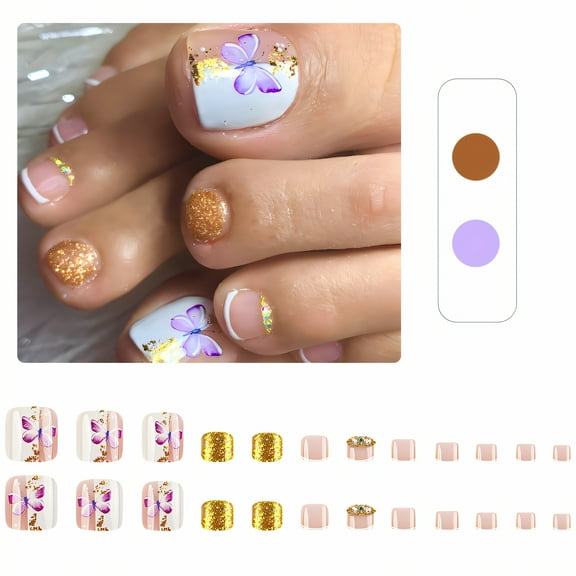 RAGUPEL 24Pcs Toe Press on Nails Square Short Toe-Only Sizing Nail Sets Hand Drawn Butterflies Glue on Nails for Women with Comes with Jelly Glue As A Gift Style1