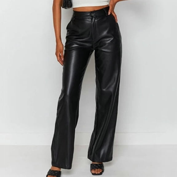 Joernso Women High Waist Solid Color Retro Long Pants Slim Fit Straight Wide Leg Side Pockets Faux Leather Street Party Trousers
