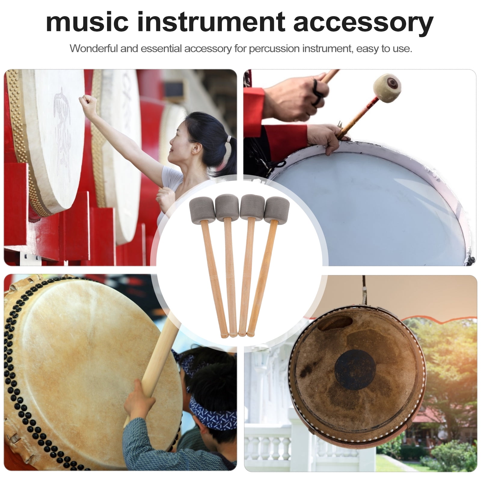 Baluue 4-Piece Percussion Drumsticks Set with Wooden Handles Grey Bass Drum Accessories for Drummers