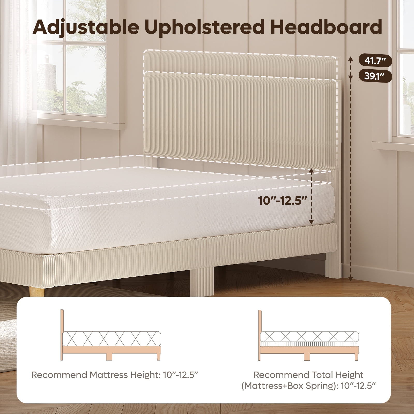 Bestier Corduroy Upholstered Queen Bed Frame with Adjustable Headboard, Platform Bed Frame with LED Light, Solid Wood Slats, No Box Spring Needed, Off White
