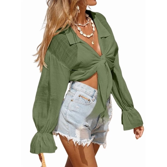 Women'S Swimwear Cover Ups Tops Tunic Self-Tie Swimsuit Long Sleeve Soft Beach Shirt for Women Army Green L