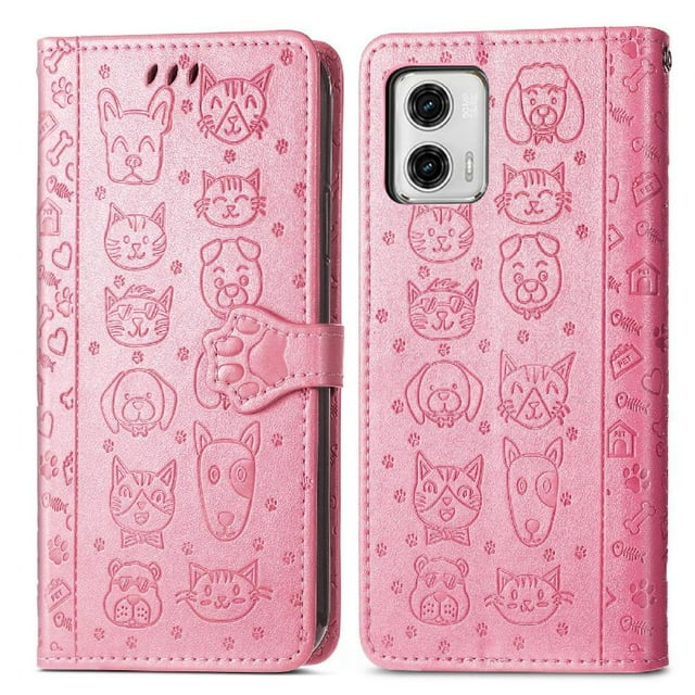 Funda Cartera FOXDOCK para MOTO G73 , Flip PU con Relieve de Gatos y Perros, Tarjetero y Soporte