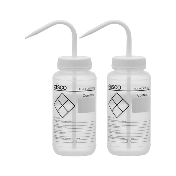 2PK Chemical Wash Bottle, Blank Labels, 500ml - Wide Mouth, Self Venting, Low Density Polyethylene - Performance Plastics by Eisco Labs
