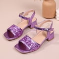 thumbnail image 3 of Girls Sandals Solid Color Squared Open Toe Glitter Sequin Band Low Heeled Flower Girl Party Wedding Dress Shoes Purple 1.5 Big Kid, 3 of 5