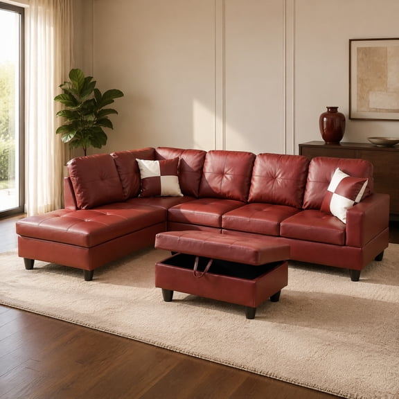Wine Red burgundy L-Shaped Faux Leather Sectional Sofa Set with Storage Ottoman, Water Resistant Tufted Couch with Left Chaise Lounge, Modern Living Room Furniture for Apartment & Home