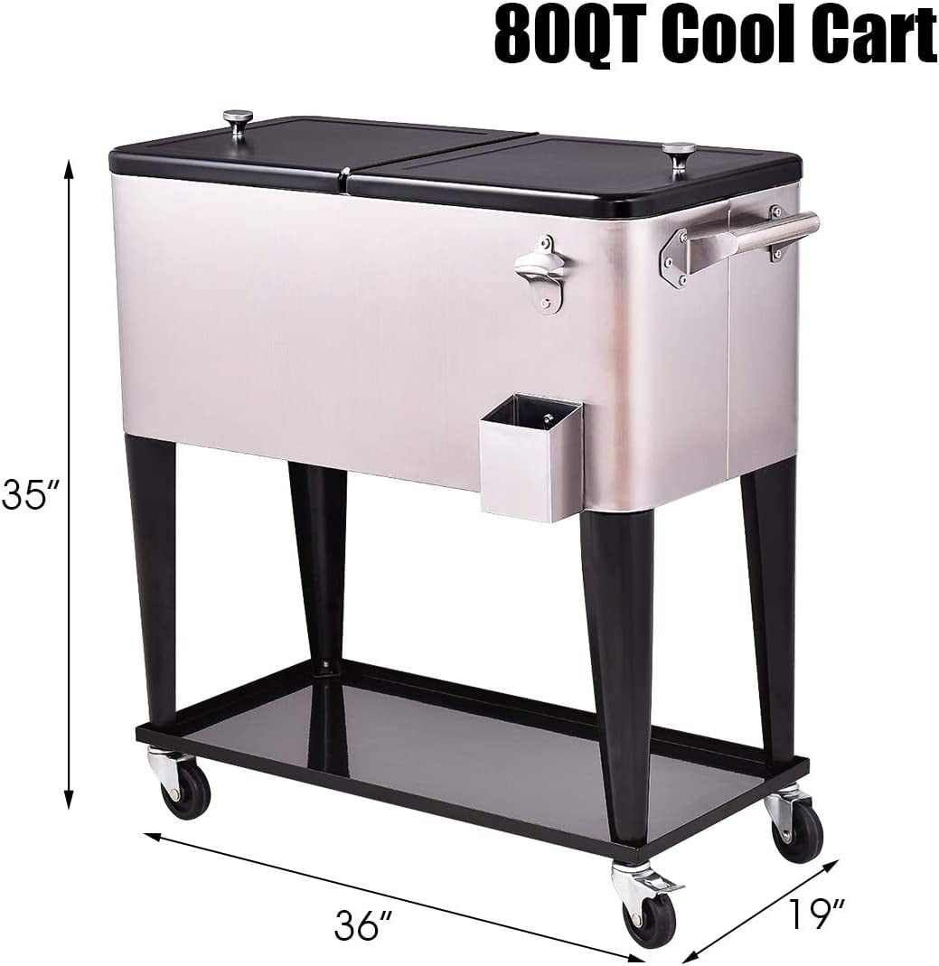 RELAX4LIFE Rolling Cooler 80 Quart Stainless Steel W/Shelf for Party,Picnic Outdoor Beverage Bar Portable Ice Chest