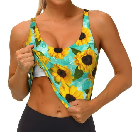 Qokaie Sunflowers With Green Leaves Pattern Womens Scoop Neck Sports Bra Breathable Workout Vest Padded U Back Medium Impact Fitness Gym Yoga Bra Workout Crop Top