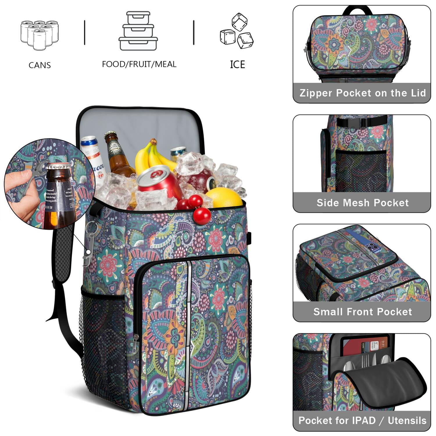 Travel Cooler Bag - Boho Bohemia Flower Camping Beer Cooler Backpack with Bottle Opener- Waterproof Insulated Picnic Backpacks - Cooler Bag for Beach