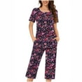 thumbnail image 2 of Feancey Capri Pajamas for Women Set with Pockets Floral Print Casual Pjs Sets Button Up Pleated Short Sleeve Top Cotton Soft Sleepwear Two Piece, 2 of 5