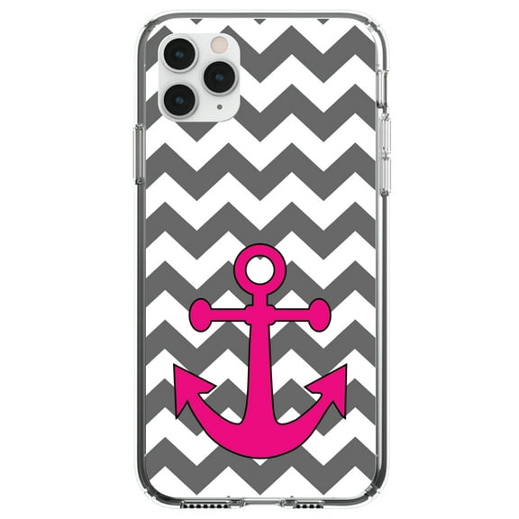DistinctInk Clear Shockproof Hybrid Case for iPhone 12 MINI (5.4" Screen) - TPU Bumper, Acrylic Back, Tempered Glass Screen Protector - Grey White Pink Chevron Anchor - Nautical Anchor Design