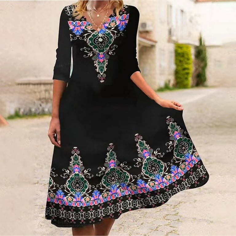 BEEYASO Clearance Summer Dresses for Women V-Neck Printed A-Line