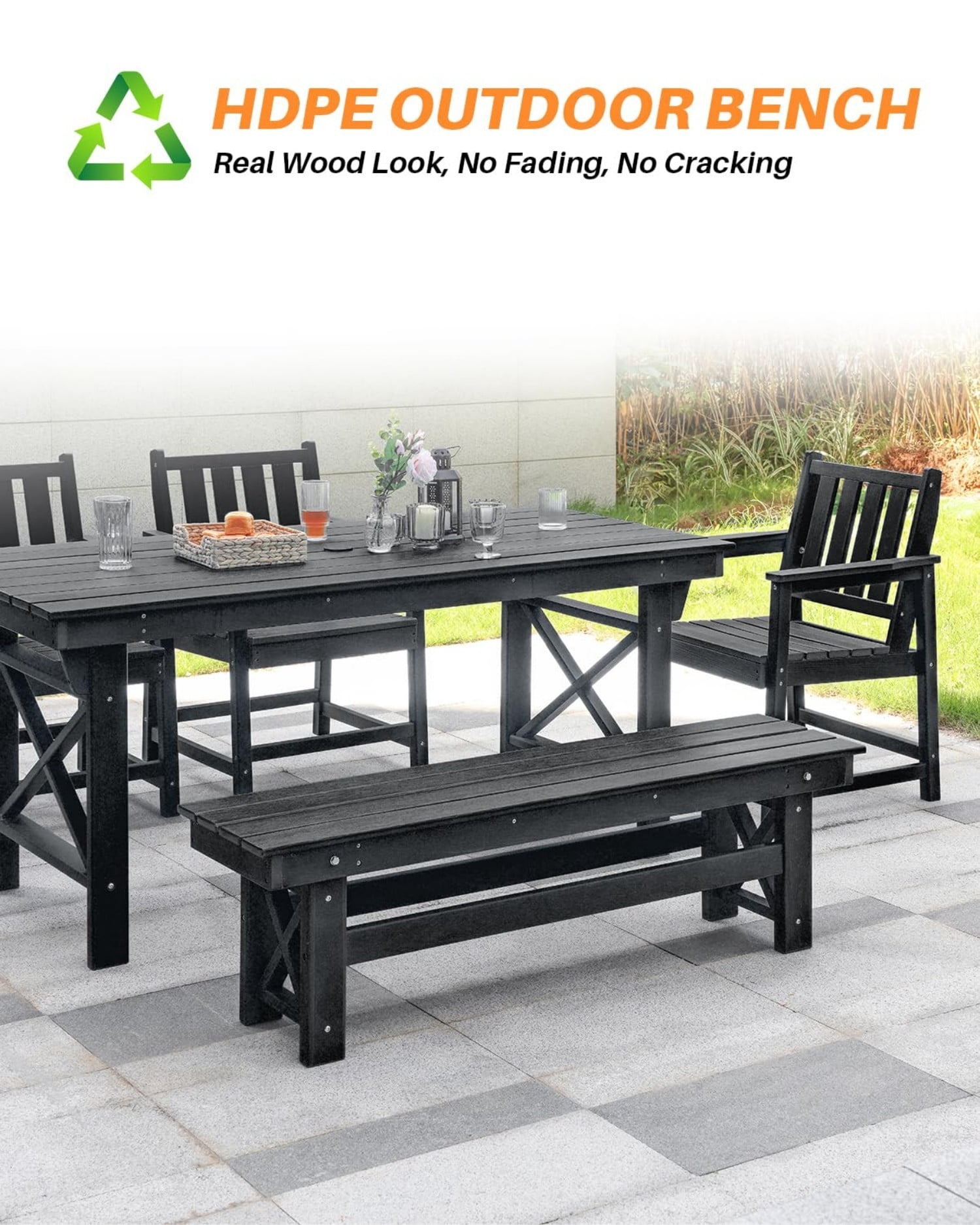 HDPE Outdoor Dining Table for 6, 66.9" Rectangle Patio Dining Table with 2.2" Umbrella Hole, All Weather HDPE Outdoor Table for Backyard, Deck, Garden, Poolside, Pearl