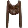thumbnail image 4 of Arlun,Women's Sexy Cropped Long Sleeve T Shirts Fashion PU Leather Splicing Slim Fit Tshirts Ladies Thin Square Neck Solid Color Mesh Comfortable Breathable Stylish Tops Coffee ONE SIZE, 4 of 4