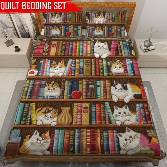 Lotusprinthandmade Cat And Book Quilt Bedding Set (White Binding) 5 Sizes (Made in Vietnam) (55x60), Quilt Set With Cat And Book Design