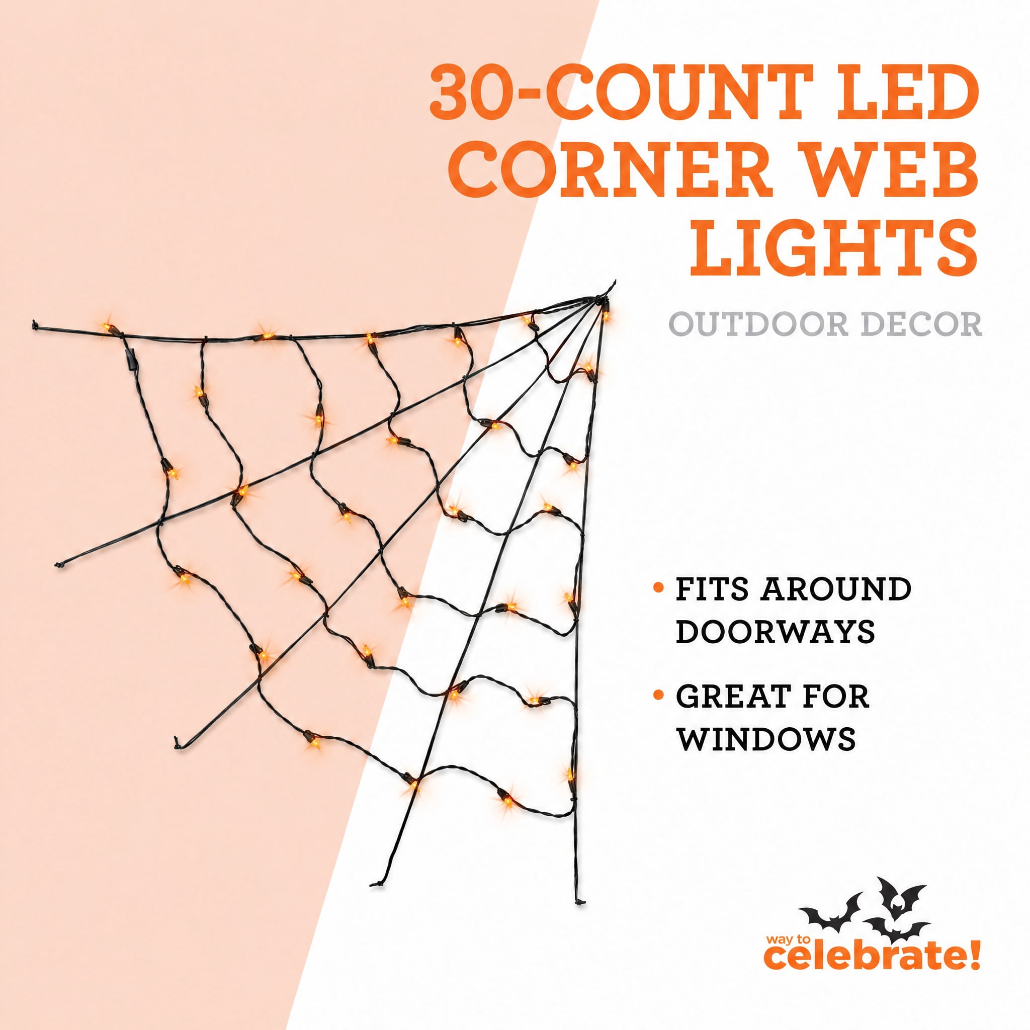 Indoor/Outdoor 30-Count LED Corner Web Lights, Orange, 30" x 30", Halloween by Way To Celebrate