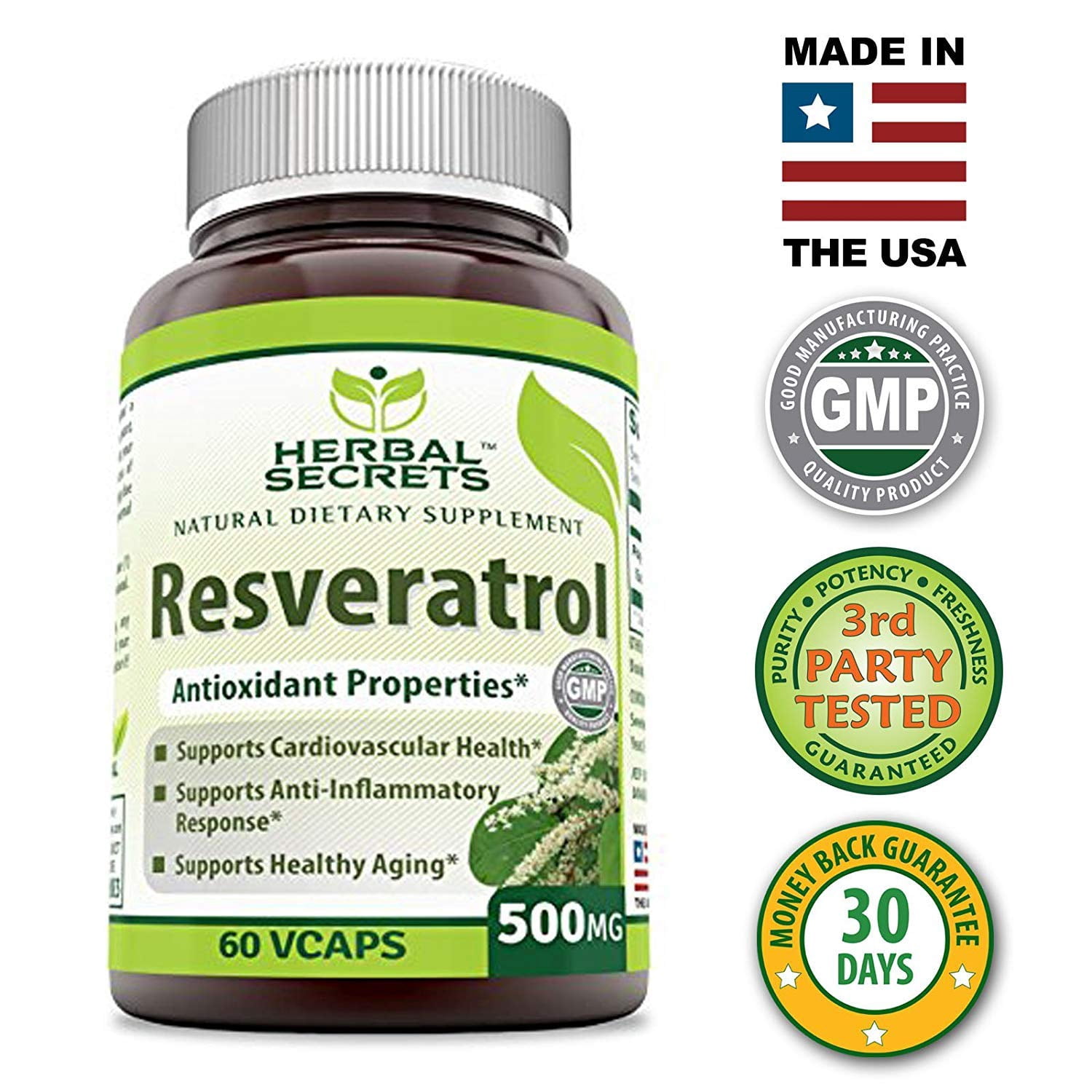 Herbal Secrets Resveratrol 500 Mg 60 Veggie Capsules (Non-GMO) Antioxidant Properties - Supports cardiovascular health,  Supports Healthy Aging *