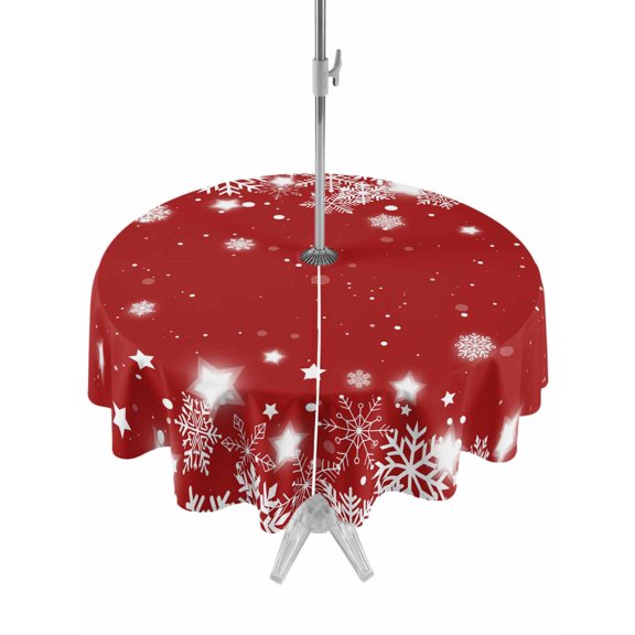 Outdoor Table Cloth with Umbrella Hole and Zipper, Red Snowflake Christmas Waterproof Round Tablecloth 54 Inch, Winter Xmas Star Snowflake Washable Table Cover for Outside Party Patio Picnic