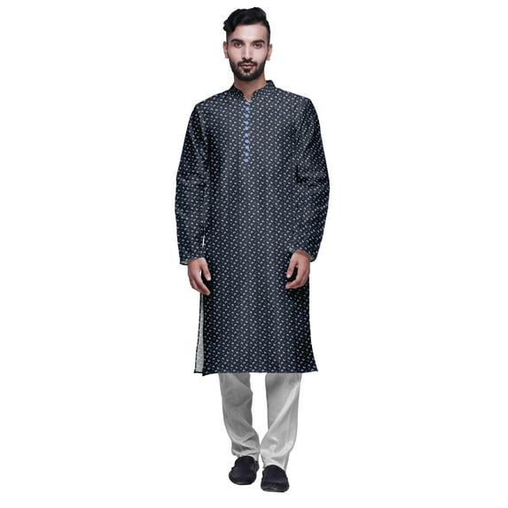 Atasi Printed Mens Kurta & White Churidar Pyjama Set Mandarin Neck Ethnic Wear