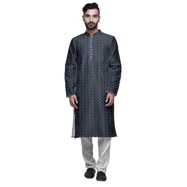 Atasi Kurta Long Indien en Satin Modal Imprimé pour Homme avec Ensemble de Pyjama Churidar Blanc