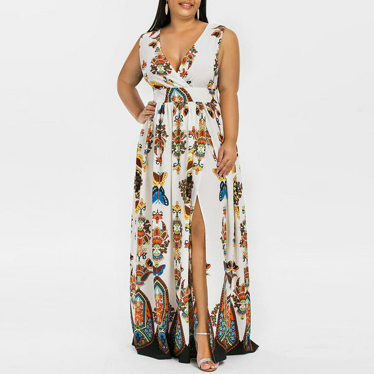 lystmrge Summer Woman Flattering Dresses for Curvy Women Women Mother of  The Bride Dresses Plus Size Fashion Women Printed V-Neck Sleeveless Casual  Long Dress 