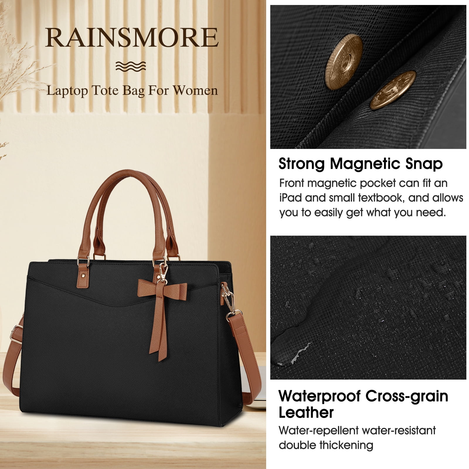 RAINSMORE Laptop Bag for Women 15.6 Inch PU Tote Bag Lightweight Business Office Handbag Work Bag Waterproof Shoulder Briefcase