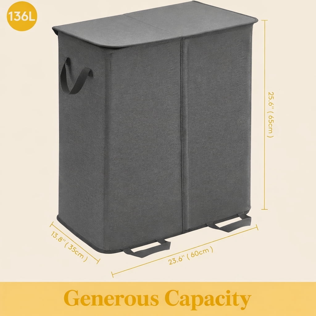 Norcho Double Laundry Hamper with Lid and Removable Bags, Large Collapsible 2-Divider Laundry Basket with Handles, 136L, Black